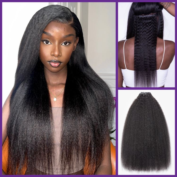 Full Hair Kinky Straight Seamless Clip in Human Hair Extensions Hair Pieces 135g 9pcs / 7pcs with Free Gift - Limited Offer