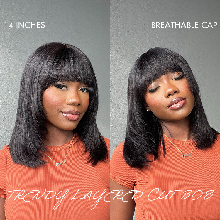 Weekly Special | Put On and Go Brown Highlight / Natural Black Layered Cut Yaki Straight Minimalist Lace Bob Wig with Bangs