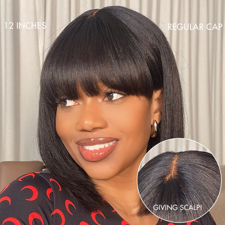 Special Offer | Put On and Go Brown Highlight / Natural Black Layered Cut Yaki Straight Minimalist Lace Bob Wig with Bangs