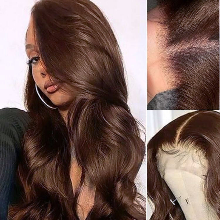 Chestnut Brown Loose Wave 5x5 Closure Lace Glueless Mid Part Long Wig 100% Human Hair