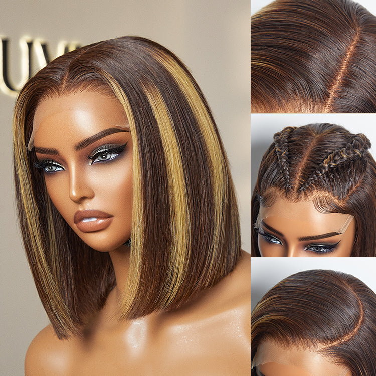 PartingMax Glueless Wig Honey Blonde Highlight Silky Blunt Cut 7x6 Closure HD Lace Bob Wig