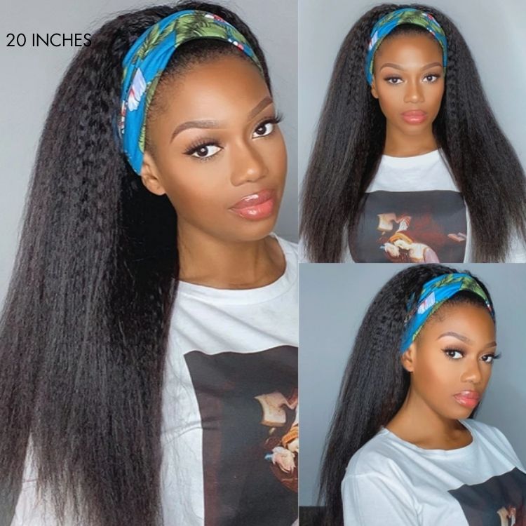 Put On & Go Glueless Kinky Straight Headband Long Wig 100% Human Hair (Get Free Trendy Headbands)