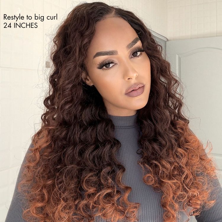 PartingMax Glueless Wig Ombre Copper Brown Water Wave 7x6 Closure HD Lace Wig