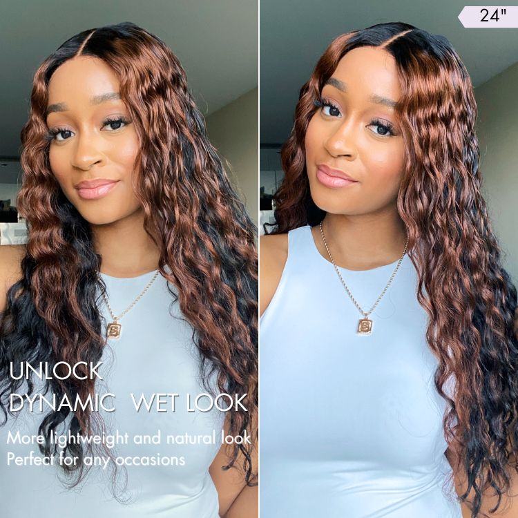 Classic and Chic Peekaboo Ombre Brown Water Wave Glueless 5x5 Closure Lace Curly Wig