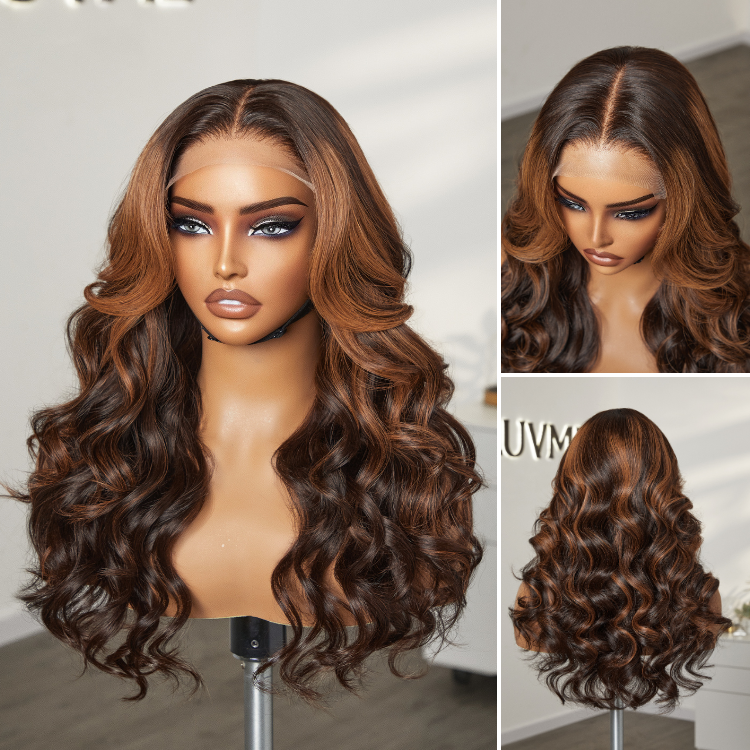 Elegant Copper Ombre Highlights Loose Body Wave Glueless 5x5 Closure Wig Breathable Cap