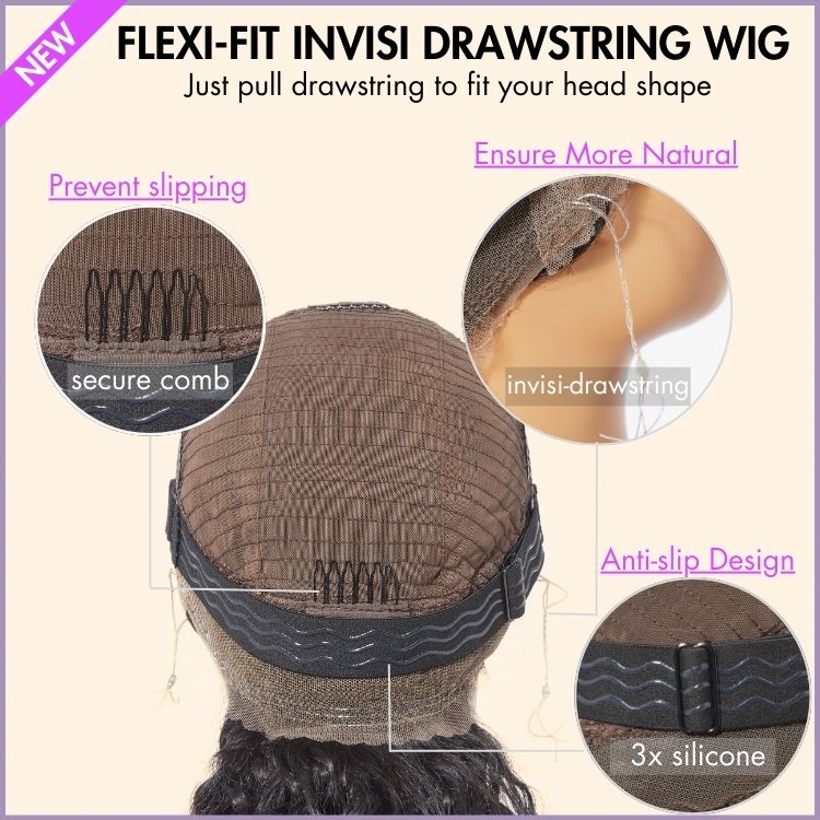 Water Wave Flexi-Fit Invisi Drawstring Cap 360 Lace Long Curly Wig Pre-Cut Lace