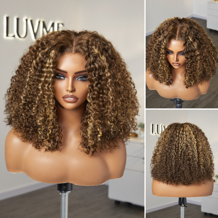 180% Density Honey Blonde Highlight Kinky Curly Glueless 5x5 Closure HD Lace Wig Breathable Cap
