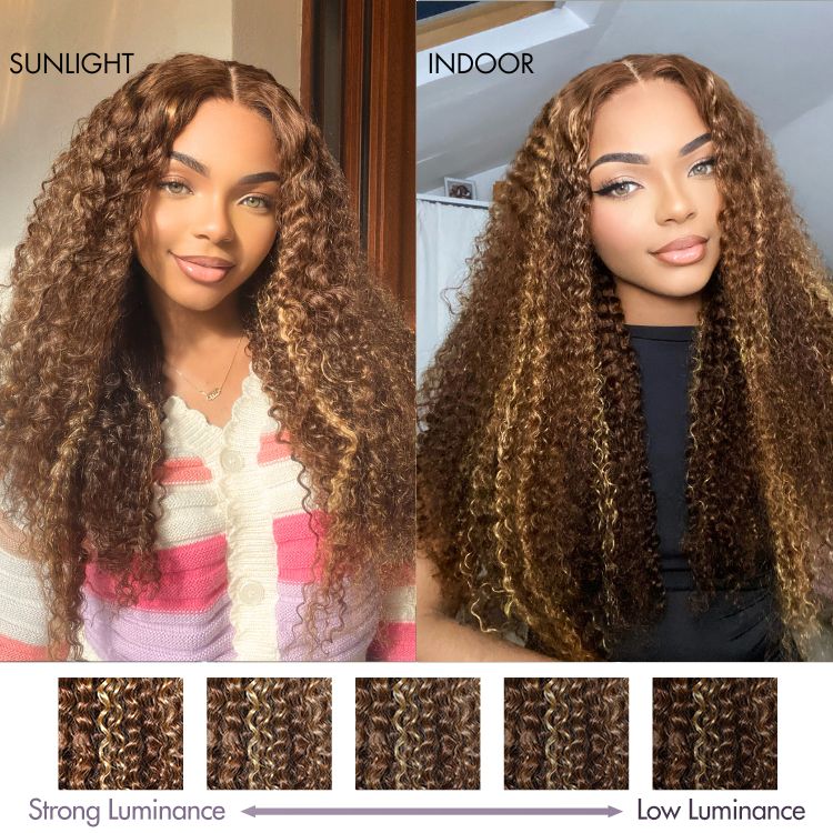180% Density Honey Blonde Highlight Kinky Curly Glueless 5x5 Closure HD Lace Wig Breathable Cap