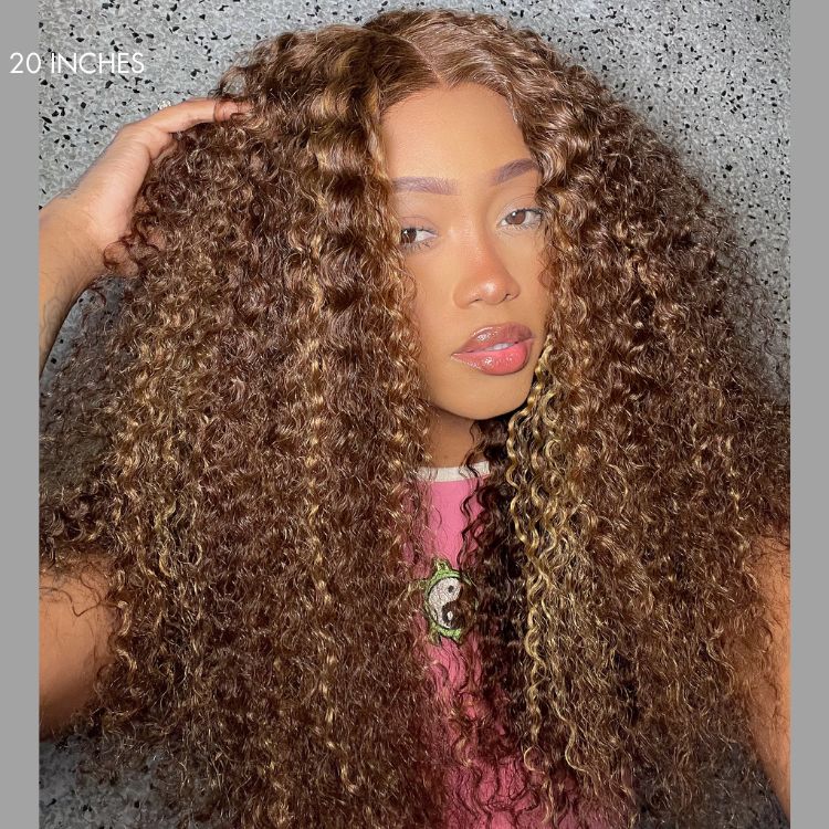 180% Density Honey Blonde Highlight Kinky Curly Glueless 5x5 Closure HD Lace Wig Breathable Cap