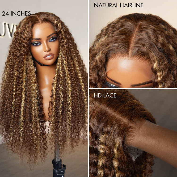 180% Density Honey Blonde Highlight Kinky Curly Glueless 5x5 Closure HD Lace Wig Breathable Cap