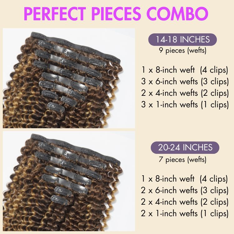 Seamless Brown Highlight Deep Wave Clip in Hair Extensions 135g 9pcs / 7pcs