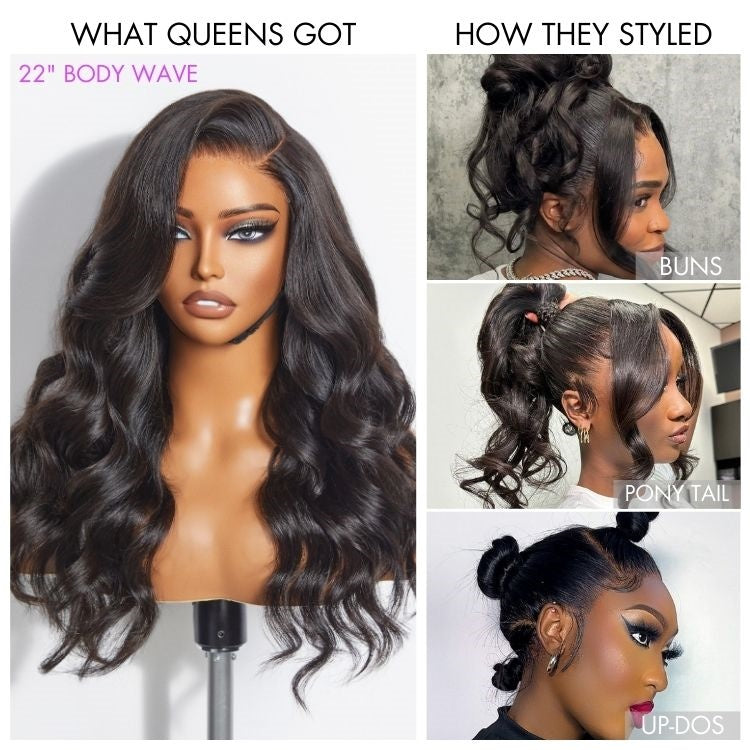 Classy Natural Black Body Wave Free Parting Half Up Half Down Wig Invisi Drawstring Cap Pre-cut Lace