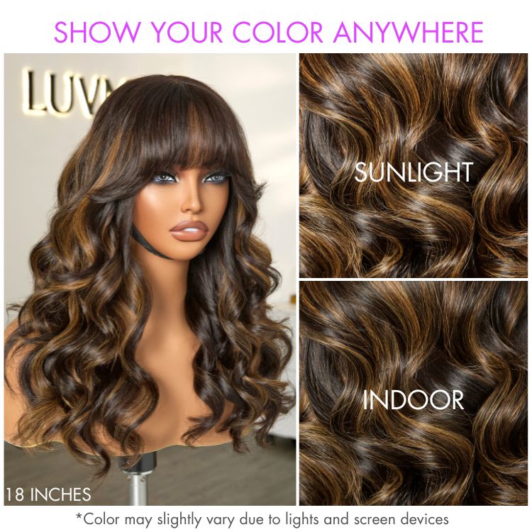 True Scalp Blonde Highlight Loose Wave Glueless Minimalist Lace Wig with Bangs