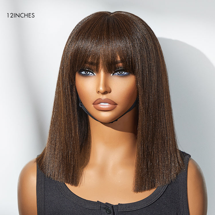 Beginner Friendly Breathable Cap Yaki Blunt Cut Minimalist Lace Brown Bob Wig with Bangs