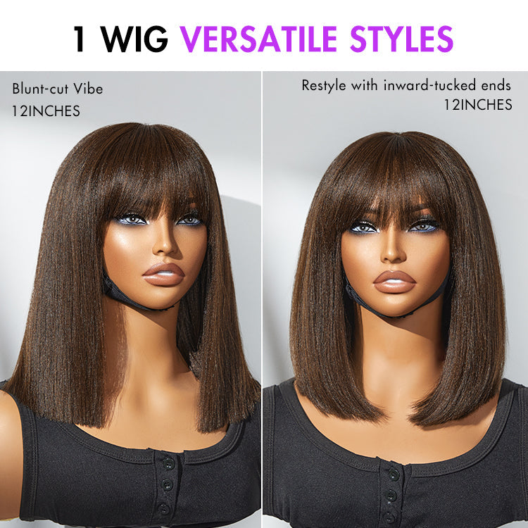 Beginner Friendly Breathable Cap Yaki Blunt Cut Minimalist Lace Brown Bob Wig with Bangs