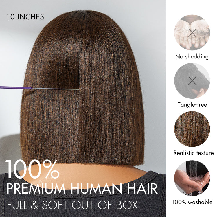 Beginner Friendly Breathable Cap Yaki Blunt Cut Minimalist Lace Brown Bob Wig with Bangs