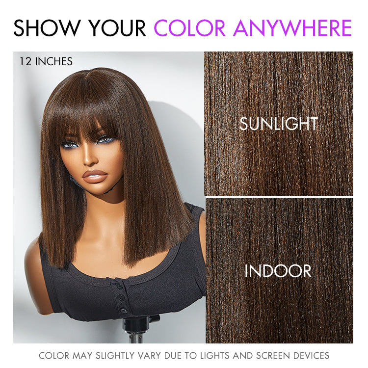 Beginner Friendly Breathable Cap Yaki Blunt Cut Minimalist Lace Brown Bob Wig with Bangs