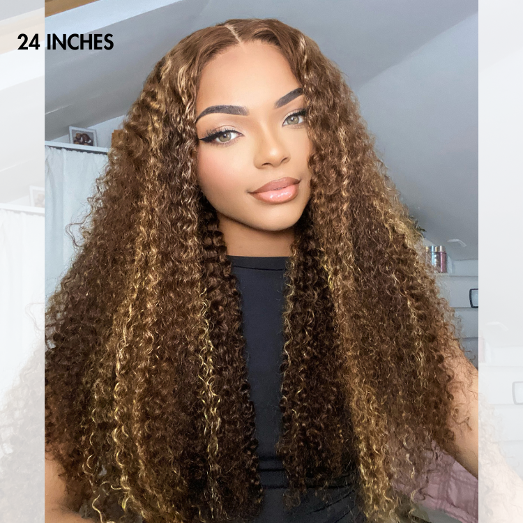 180% Density Honey Blonde Highlight Kinky Curly Glueless 5x5 Closure HD Lace Wig Breathable Cap