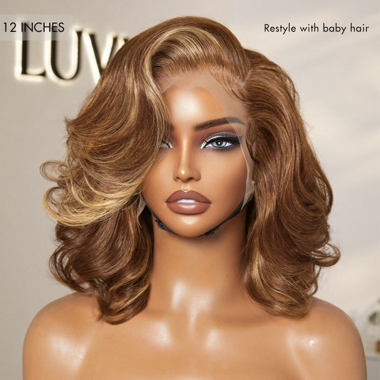 \Honey Brown with Blonde Highlights / Natural Black Bouncy Body Wave Glueless 13x4 Frontal Lace Human Hair Wig