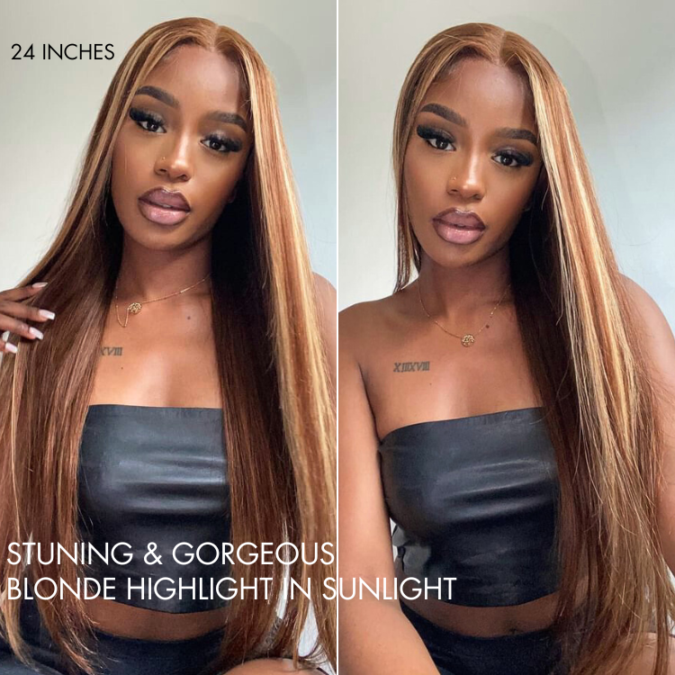 180% Density Honey Blonde Highlight Silky Straight Glueless 5x5 Closure HD Lace Long Wig