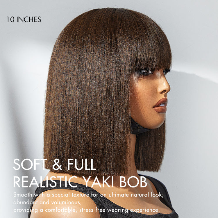 Beginner Friendly Breathable Cap Yaki Blunt Cut Minimalist Lace Brown Bob Wig with Bangs