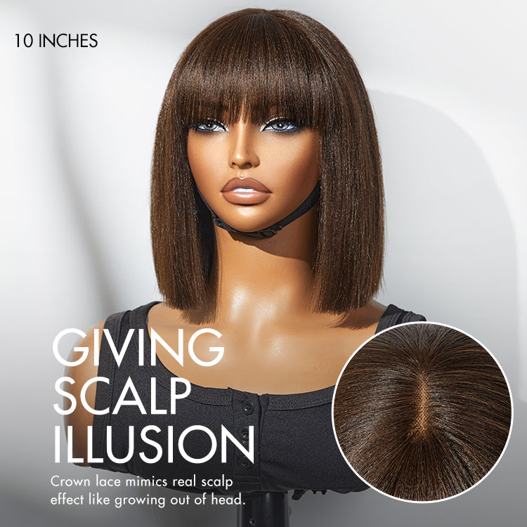 Beginner Friendly Breathable Cap Yaki Blunt Cut Minimalist Lace Brown Bob Wig with Bangs