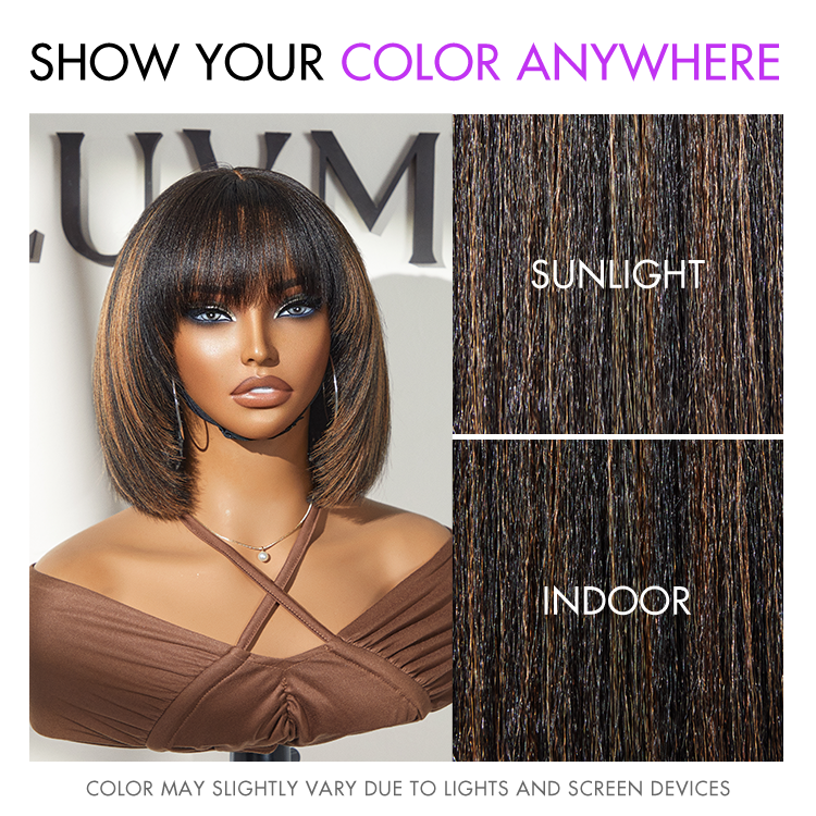 Special Offer | Put On and Go Brown Highlight / Natural Black Layered Cut Yaki Straight Minimalist Lace Bob Wig with Bangs