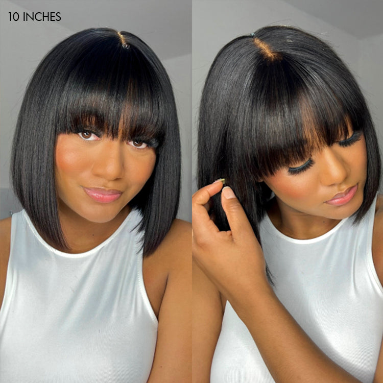 Exclusive Discount | Put On and Go Realistic Glueless Yaki Straight Bob With Bangs Minimalist Lace Wig 100% Human Hair