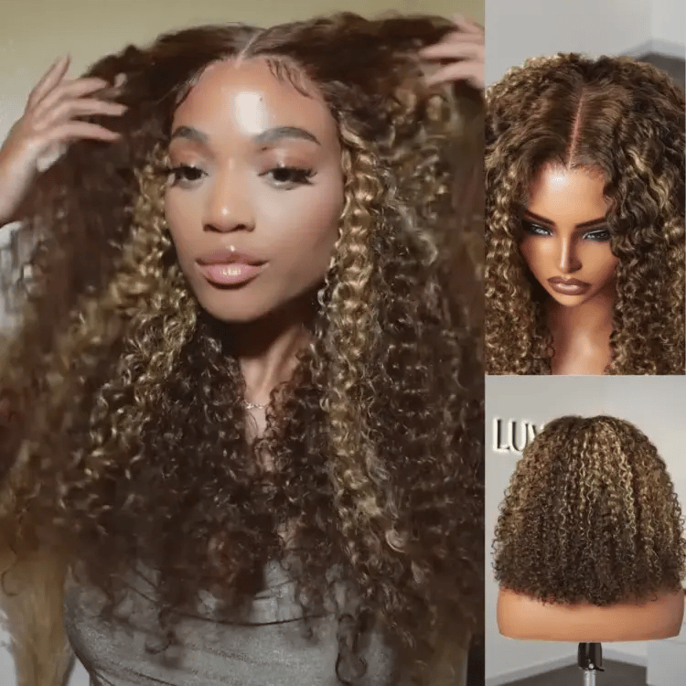180% Density Honey Blonde Highlight Kinky Curly Glueless 5x5 Closure HD Lace Wig Breathable Cap