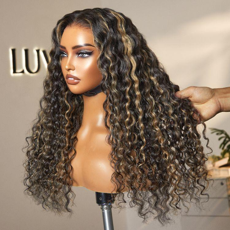 Water Wave Flexi-Fit Invisi Drawstring Cap 360 Lace Long Curly Wig Pre-Cut Lace