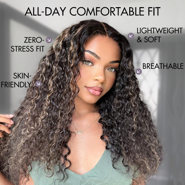 Blonde Highlight Water Wave Snugfit Glueless 5x5 Closure Lace Long Curly Wig Pre-Cut Lace