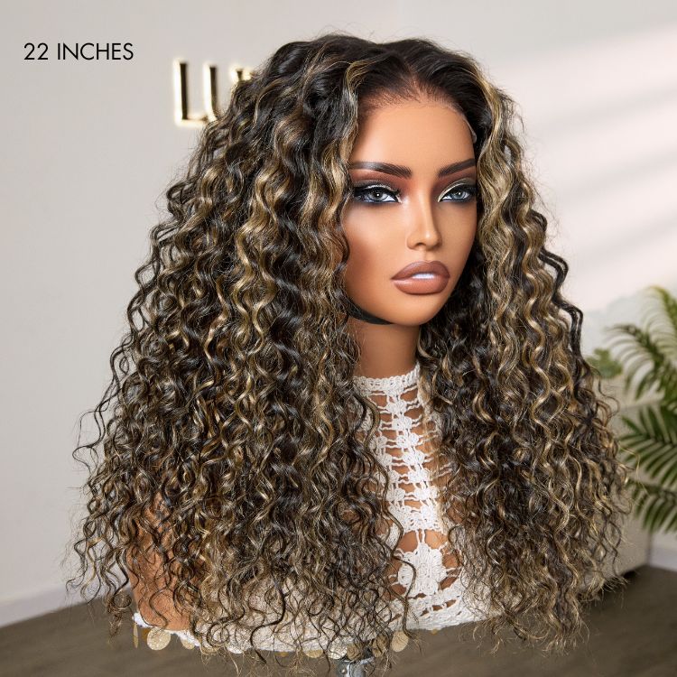 Blonde Highlight Water Wave Snugfit Glueless 5x5 Closure Lace Long Curly Wig Pre-Cut Lace
