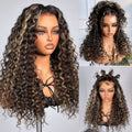 Blonde Highlight Water Wave Snugfit Glueless 5x5 Closure Lace Long Curly Wig Pre-Cut Lace