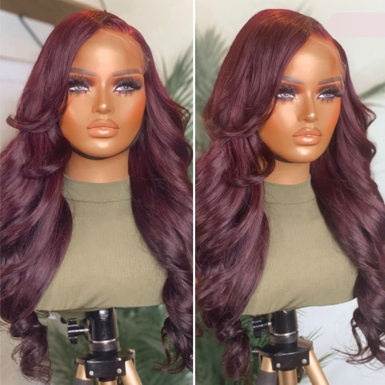 Chic Burgundy 99J Layered Cut Loose Body Wave Glueless 5x5 Closure Lace Wig Pre-Cut Lace