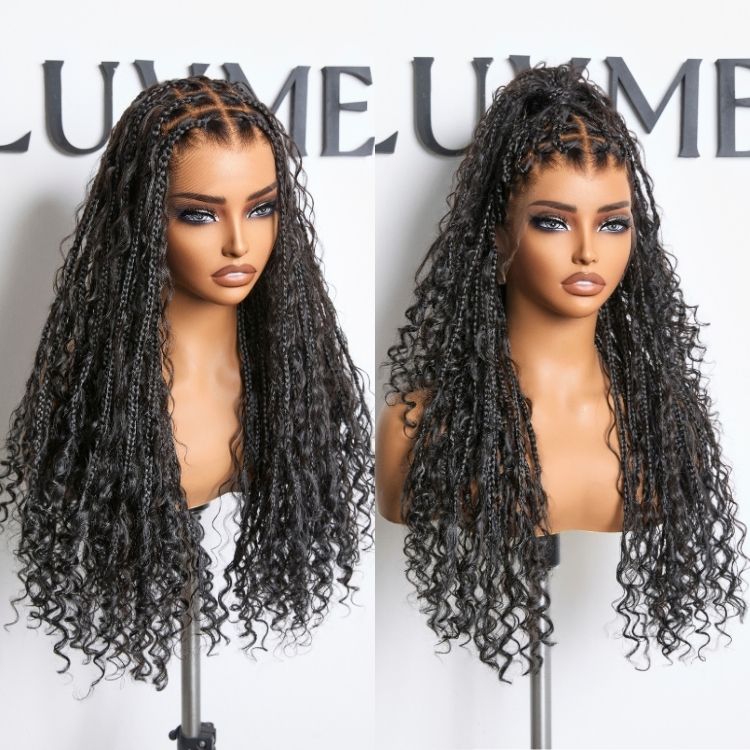 Readitress™ Light Weight Flexi-Fit Invisi Drawstring Cap Full Lace Knotless Boho Curls Braided Long Wig Super Natural Scalp