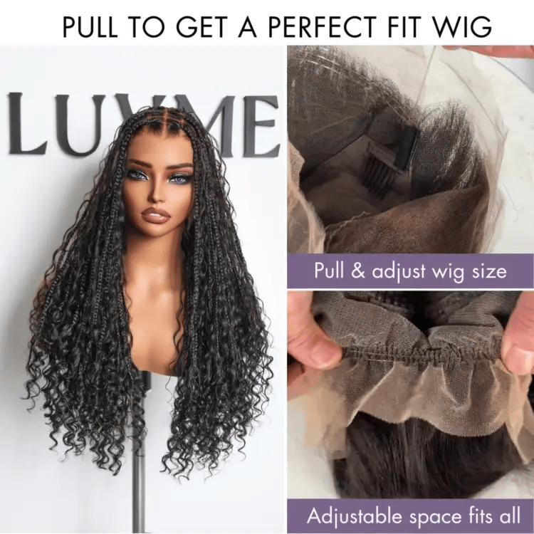 Special Deal | Light Weight Flexi-Fit Invisi Drawstring Cap Full Lace Knotless Boho Curls Braided Long Wig Super Natural Scalp