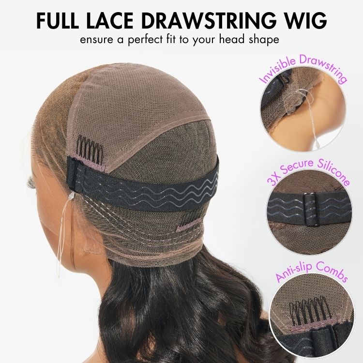 Classy Natural Black Body Wave Free Parting Half Up Half Down Wig Invisi Drawstring Cap Pre-cut Lace