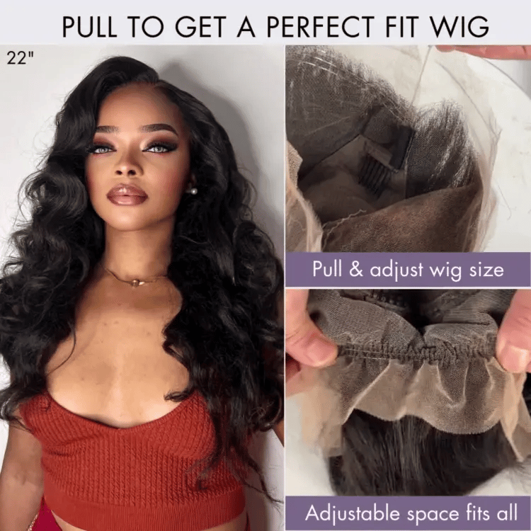 Classy Natural Black Body Wave Free Parting Half Up Half Down Wig Invisi Drawstring Cap Pre-cut Lace
