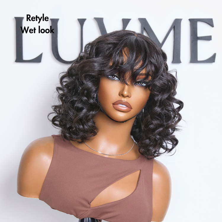 Mature Lady Short Loose Wave Minimalist Lace Wavy Bob Wig with Bangs - US Only
