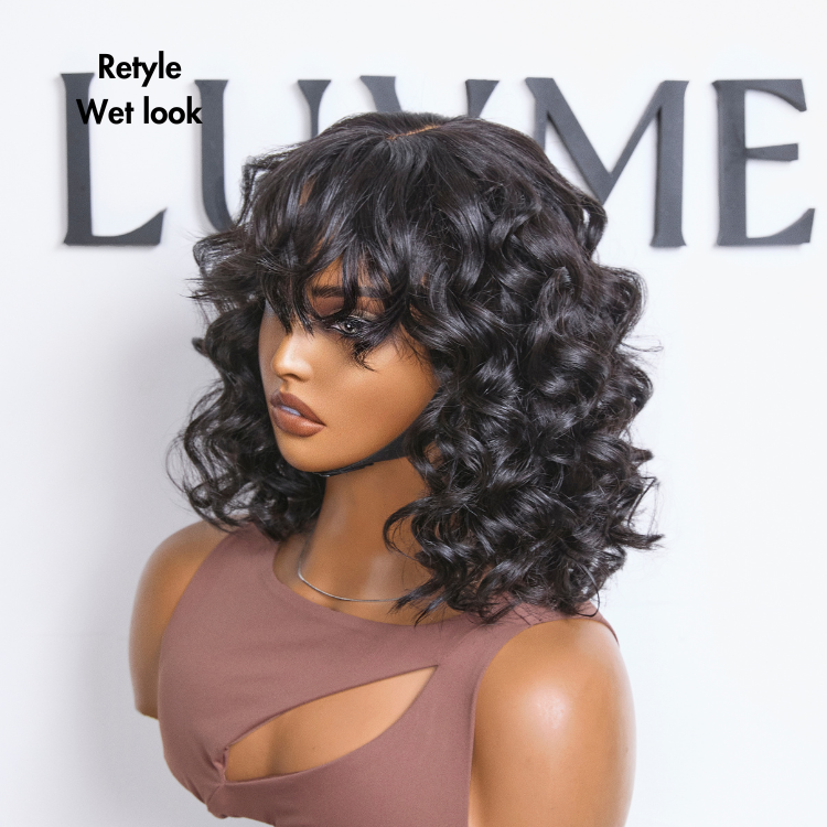 Mature Lady Short Loose Wave Minimalist Lace Wavy Bob Wig with Bangs - US Only