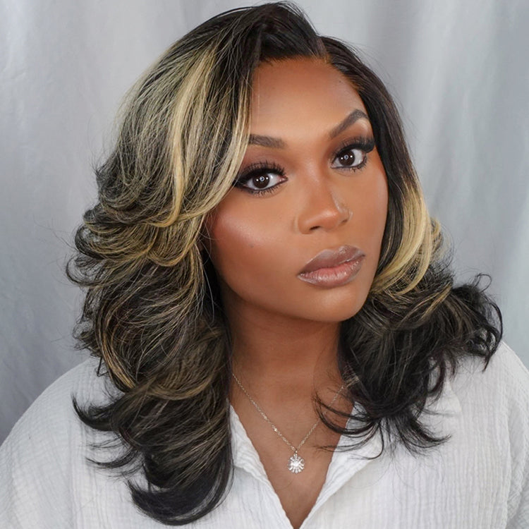 Honey Blonde Highlight Layered Cut Glueless Wig Minimalist HD Lace Human Hair Wig