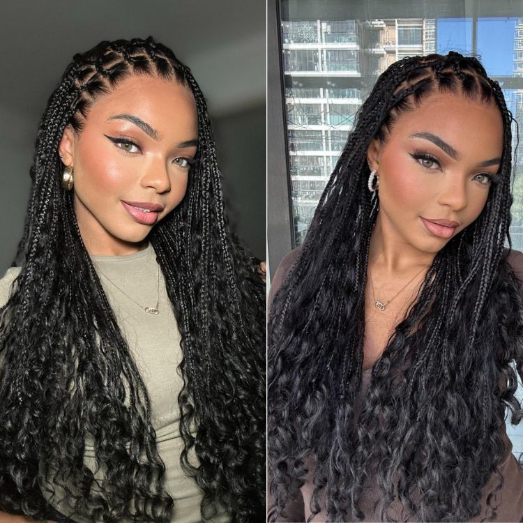 New Customers Only | Light Weight Flexi-Fit Invisi Drawstring Cap Full Lace Knotless Boho Curls Braided Long Wig Super Natural Scalp