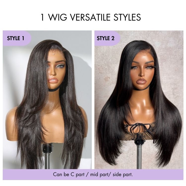 180% Density Butterfly Cut Layered Light Yaki Straight Glueless 7x6 Closure HD Lace Human Hair Wig Pre-Cut Lace