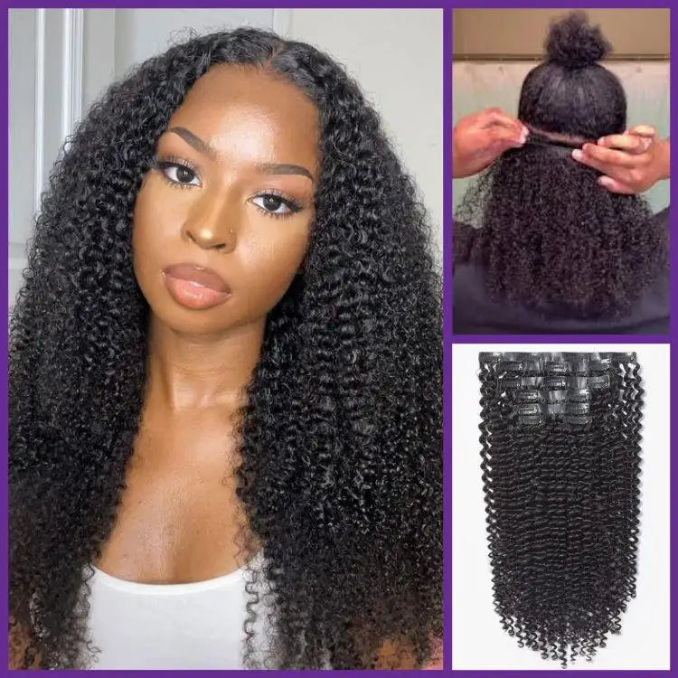 Kinky Curly Seamless Clip in Extensions Human Hair with Free Gift