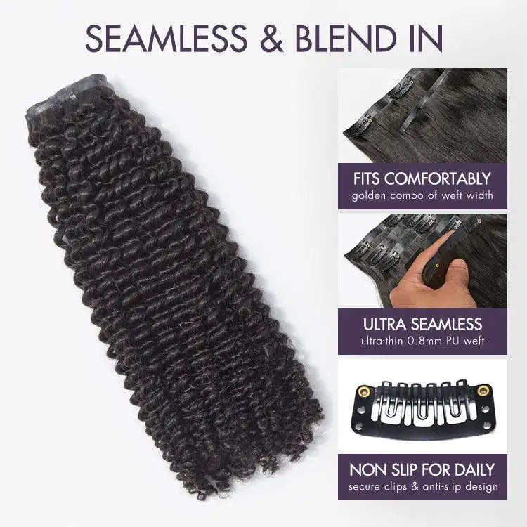Kinky Curly Seamless Clip in Extensions Human Hair with Free Gift