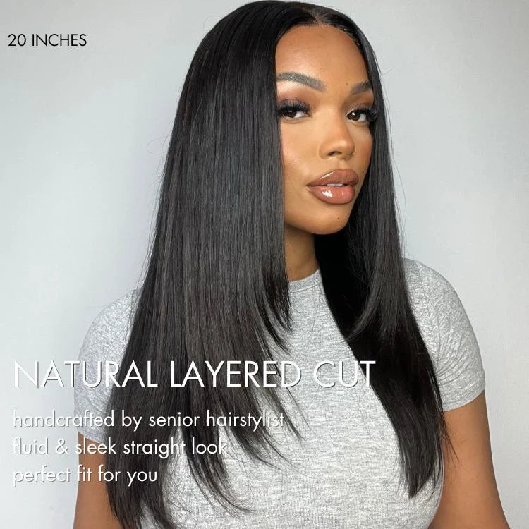 Black 180% Density Layered Cut Glueless 5x5 Closure Lace  Wig Pre-Plucked Hairline