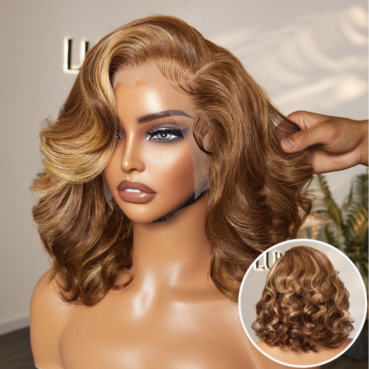 \Honey Brown with Blonde Highlights / Natural Black Bouncy Body Wave Glueless 13x4 Frontal Lace Human Hair Wig