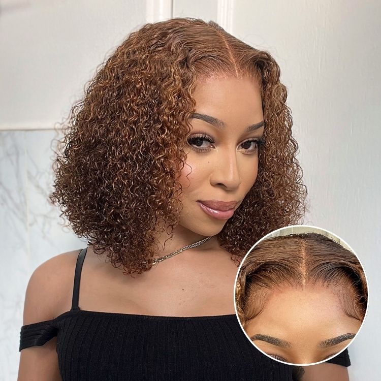 Mix Color Brown Curly Bob Wig Glueless 13x4 Lace Front Short Wig 100% Human Hair
