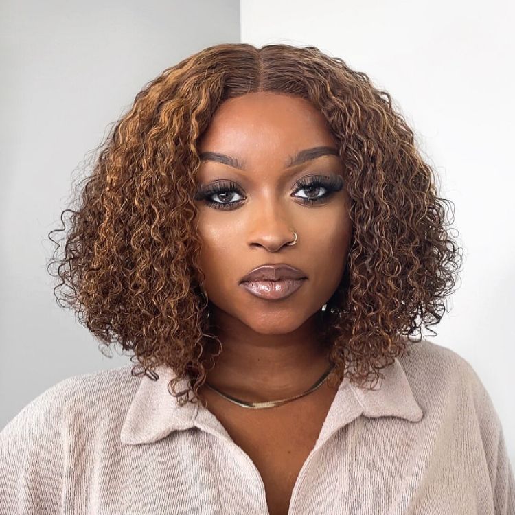 Mix Color Brown Curly Bob Wig Glueless 13x4 Lace Front Short Wig 100% Human Hair