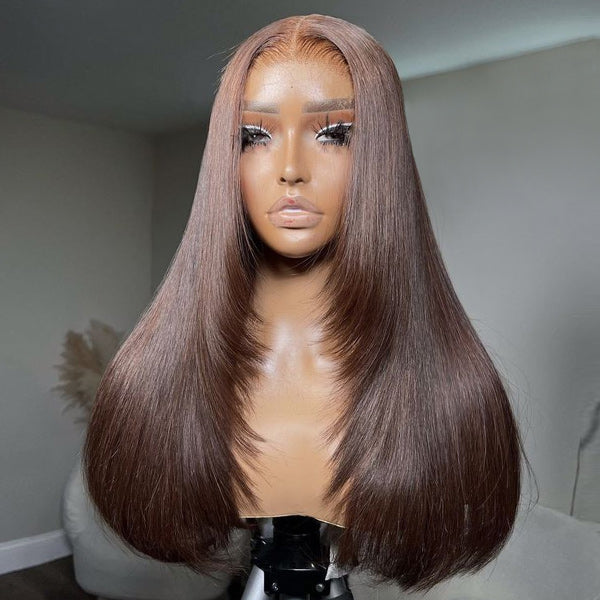 Straight Chocolate Brown Color Layered Cut Wear Go Glueless Wig